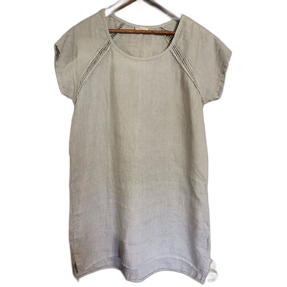 Bellambra Italy 100% Linen Mini Dress Lace Cutout Sleeves Grey Lilac Sz M